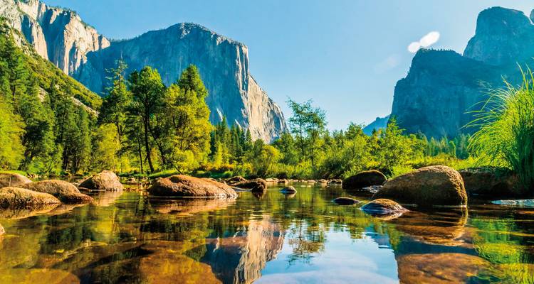 Yosemite National Park with clear skies and a reflective stream.