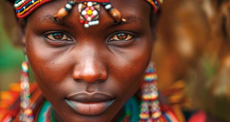 Portrait en gros plan d'une personne avec des perles traditionnelles colorées.