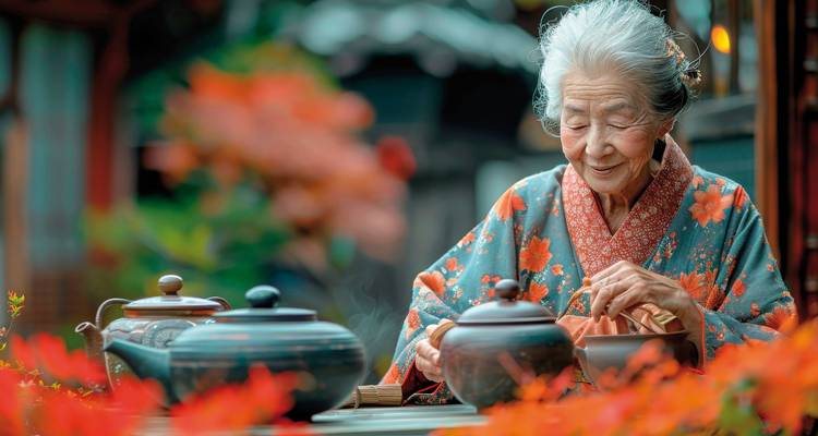 Ältere Frau in Kimono genießt Tee inmitten von Herbstlaub.