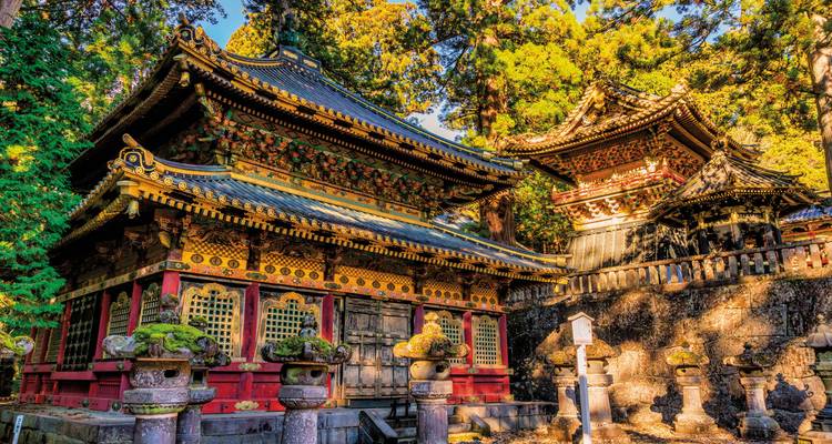 Verzierte traditionelle japanische Gebäude, umgeben von Bäumen.