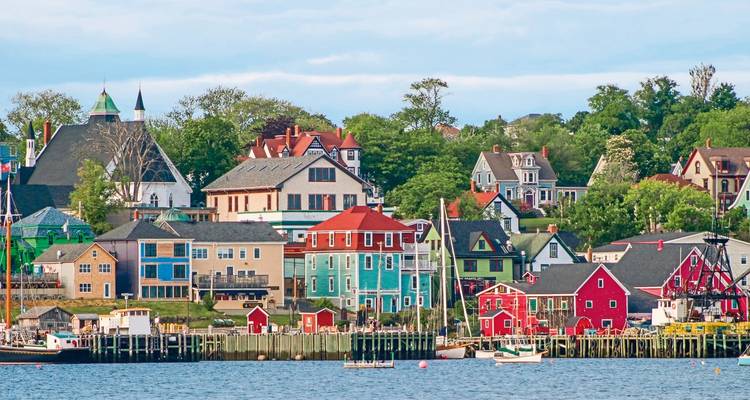 Colorful waterfront houses in a quaint town.