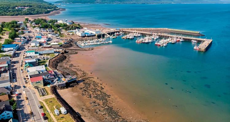 Aerial view of a coastal town with boats and marinas.