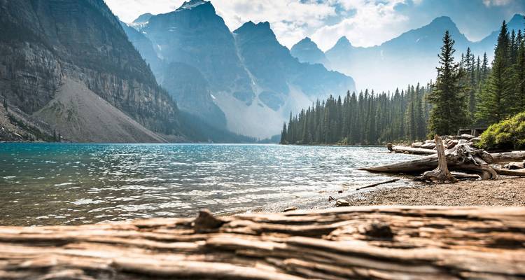 Majestueuses montagnes avec une rivière qui coule à proximité, entourées de pins.