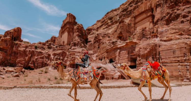 Deux chameaux et un cavalier dans un paysage désertique rocheux.