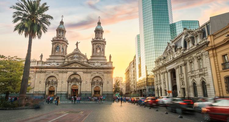 Street view with historical buildings and palm trees at sunset.