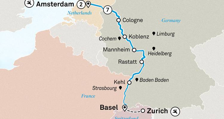 Carte détaillant un itinéraire de voyage à travers certaines parties de l'Europe.
