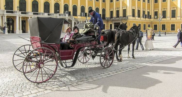 Des touristes dans une calèche devant un bâtiment.