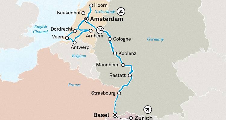 Illustrated map showing various cities and routes in Europe.