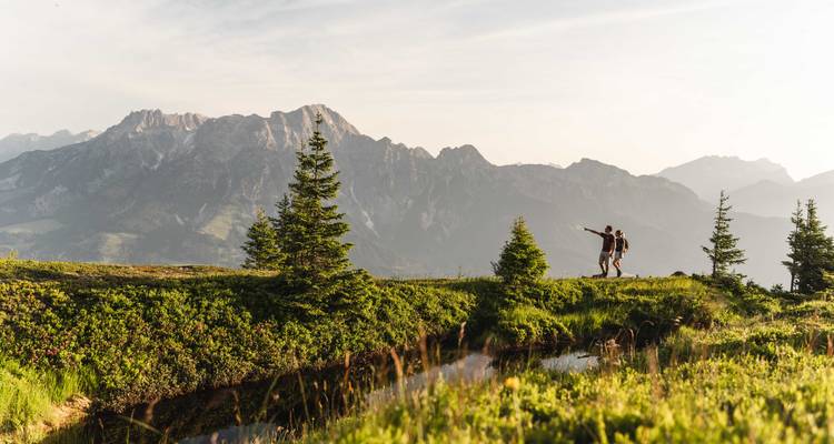 Zwei Wanderer, die eine malerische Berglandschaft genießen.
