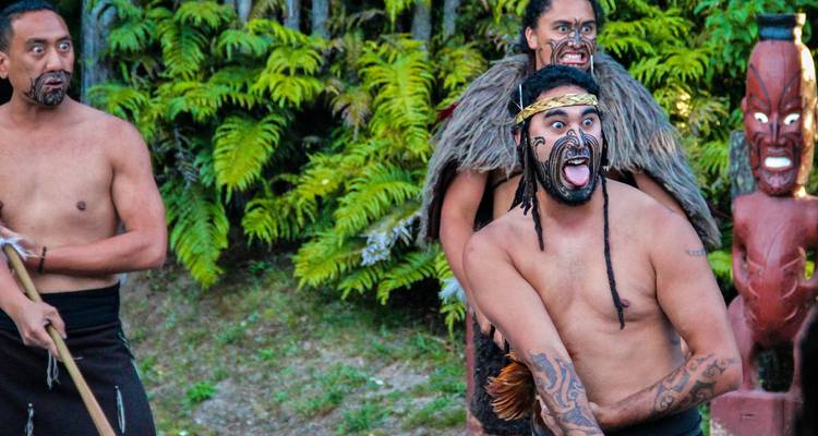 Traditional Maori performance with performers in traditional attire.