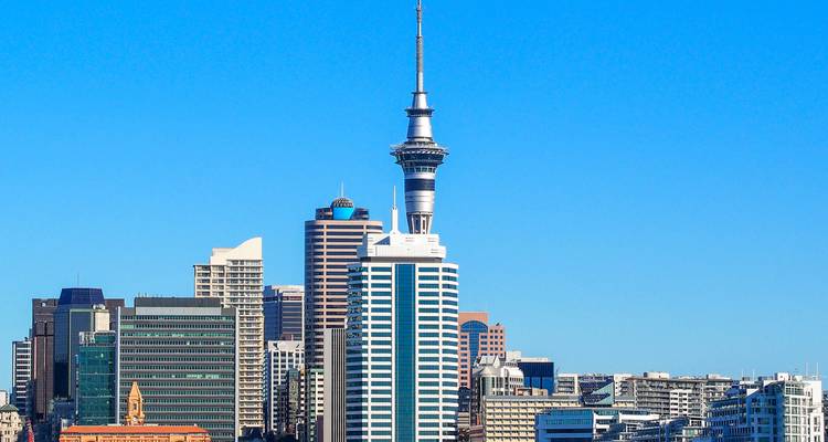 Sky Tower amidst the skyline of Auckland.