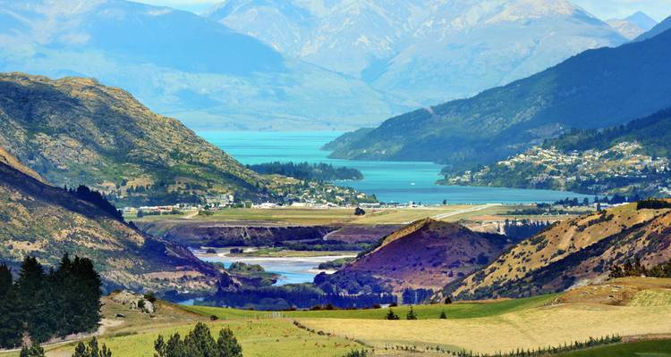 Scenic view of mountains and a lake.