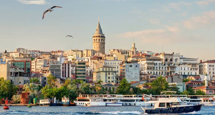 Vista del horizonte de Estambul con la Torre de Gálata y barcos en el agua.