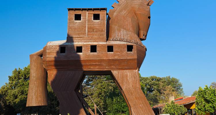 Een houten paardenstructuur tentoongesteld buitenshuis onder een heldere blauwe hemel.