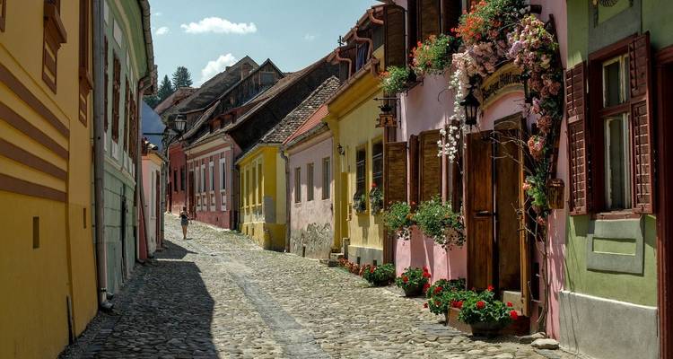 Rue charmante bordée de maisons colorées et de pavés.