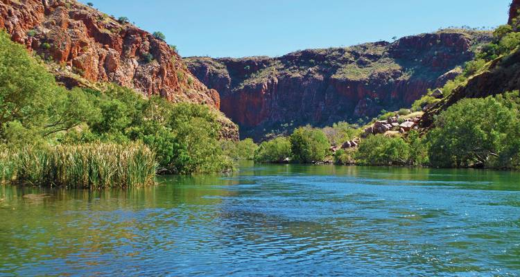 Ruhiger Fluss, der durch eine üppig grüne Schlucht fließt, umgeben von Klippen.