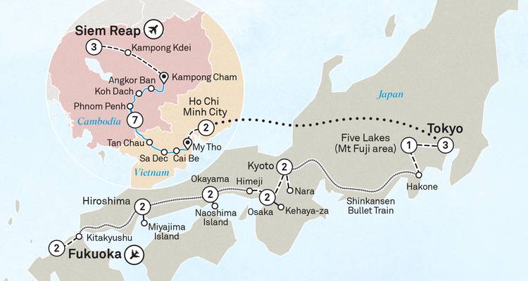 Carte illustrant l'itinéraire de voyage à travers le Japon, le Cambodge et le Vietnam.