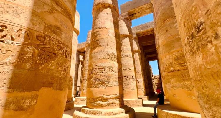 Columns with hieroglyphics in an Egyptian temple.