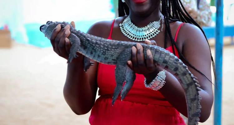 Woman holding a small crocodile.