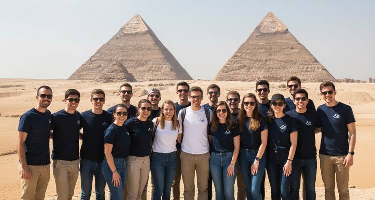Group photo in front of the pyramids.