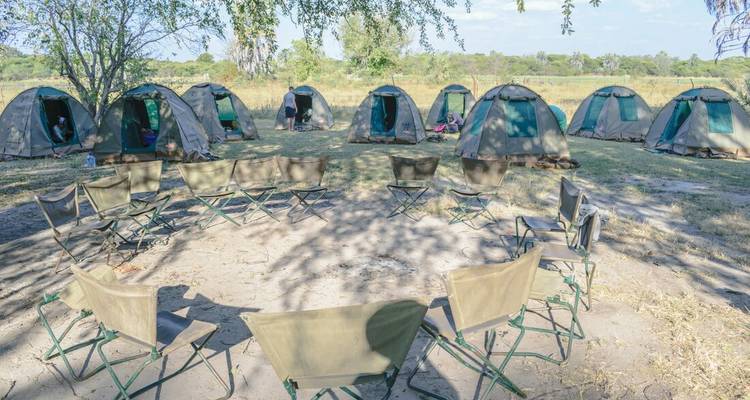 Un campamento con varias tiendas de campaña y sillas dispuestas, sugiriendo un entorno de actividad comunitaria o al aire libre.