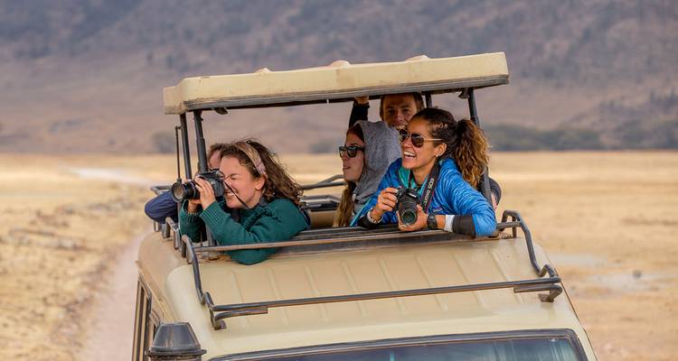 Touristes dans un véhicule de safari à toit ouvert prenant des photographies dans une savane.