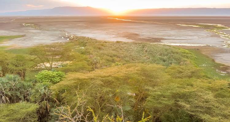 Expansive dry and green landscape with a sunrise or sunset.