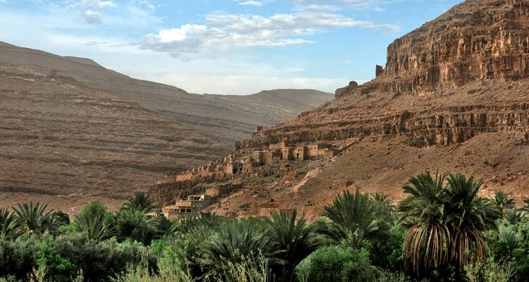 Des palmiers et une montagne escarpée avec des habitations anciennes.