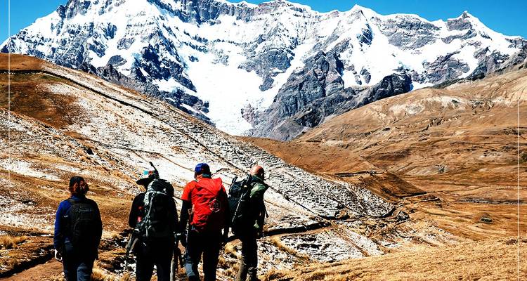 Hikers admiring the view of a snowy mountain.