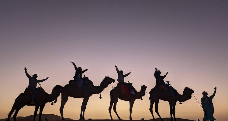 Silhouettes of people riding camels during sunset