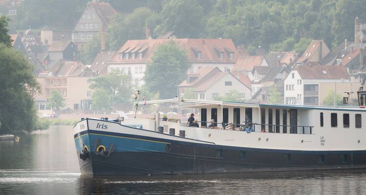 Tourist boat named Iris on a tranquil river with buildings in the background.