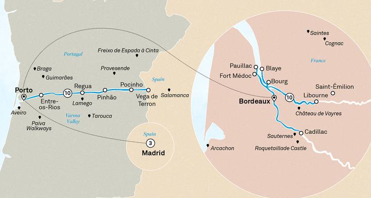 Mapa dual que ilustra crucero por el río Duero desde Oporto y crucero vinícola por Burdeos con extensión a Madrid.