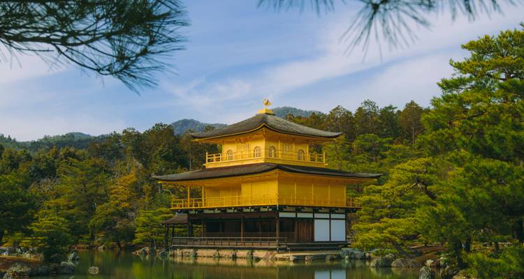 Kinkaku-ji, le Pavillon d'Or, entouré d'eau et d'arbres.