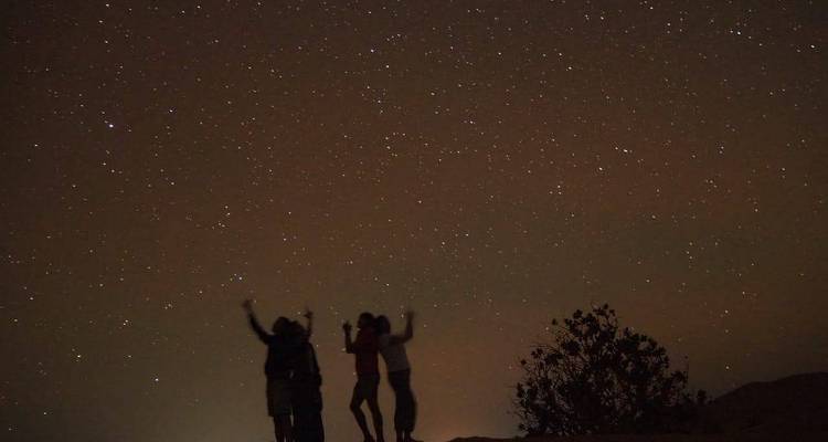 Silhouettes of people stargazing in the desert.