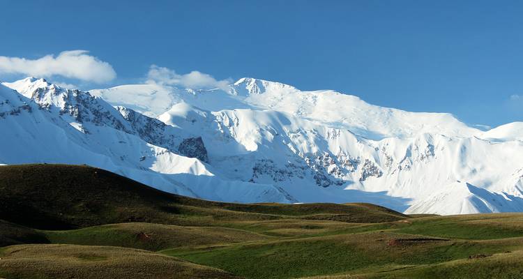 Snow-capped mountains with grassy hills in the foreground