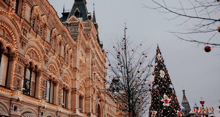 Un bâtiment décoré de façon festive et un sapin de Noël avec l'architecture de la ville.