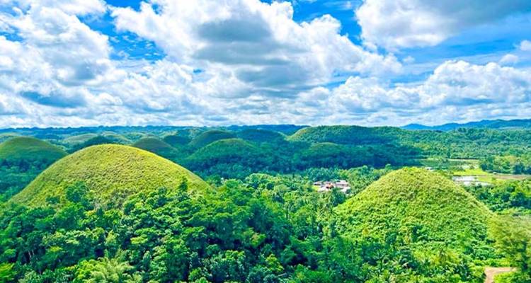 Paysage verdoyant luxuriant avec de nombreuses petites collines.