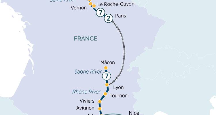 Carte d'un itinéraire de croisière fluviale française de Paris à Nice avec les segments fluviaux clés.