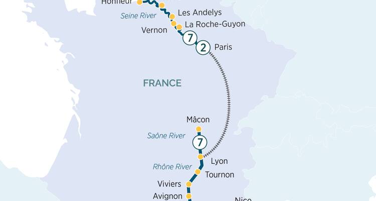 Carte d'itinéraire de la France mettant en évidence un parcours de croisière fluviale d'Honfleur à Nice le long des rivières Seine, Saône et Rhône.