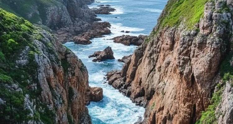 Côte rocheuse avec des vagues s'écrasant contre les falaises.