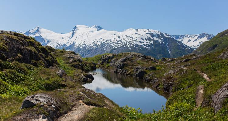 Unberührte Alpenszene mit einem spiegelnden Bergsee, felsigem Terrain mit grüner Vegetation und hoch aufragenden schneebedeckten Gipfeln unter einem klaren blauen Himmel.