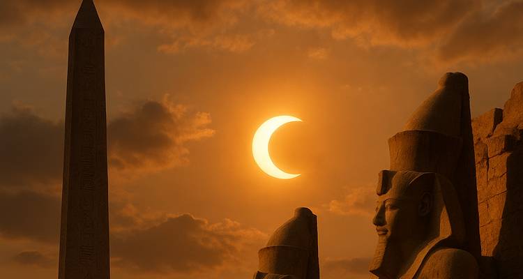 Silueta de estatuas del antiguo Egipto contra un eclipse solar.