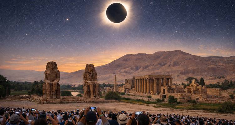 Una gran multitud observando un eclipse solar sobre ruinas antiguas en un paisaje desértico.