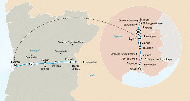 Même carte de croisière combinée Porto et Lyon avec connexion aérienne en pointillés.