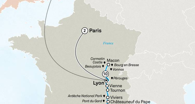 Mapa de Francia que vincula la estadía en París con una ruta de crucero más larga por el Ródano en Lyon abajo.