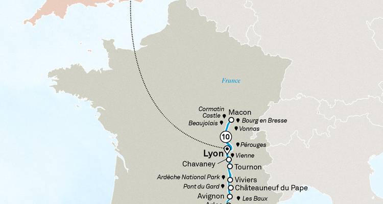 Mapa de Francia que ilustra un itinerario fluvial del Ródano-Saona centrado en Lyon