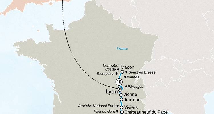 Mapa enfocado de Francia mostrando la región de Lyon y la conexión norte hacia Londres.