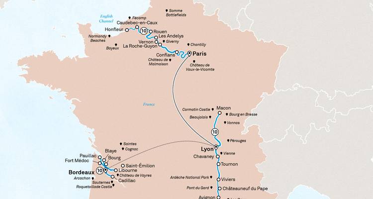 Wide France map linking Bordeaux, Lyon and Paris cruise itineraries.