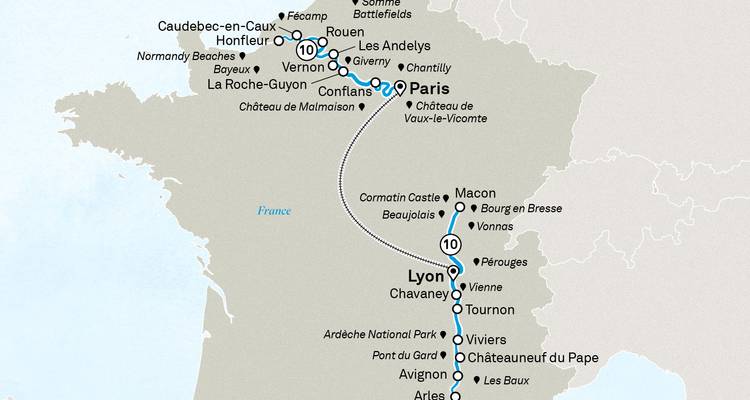 Mapa detallado que muestra los programas combinados de cruceros por el Sena y el Ródano incluyendo París y Lyon.
