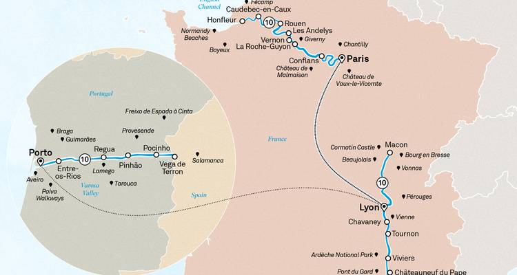 Map overlay combining Douro Valley and French Rhône cruise itineraries.